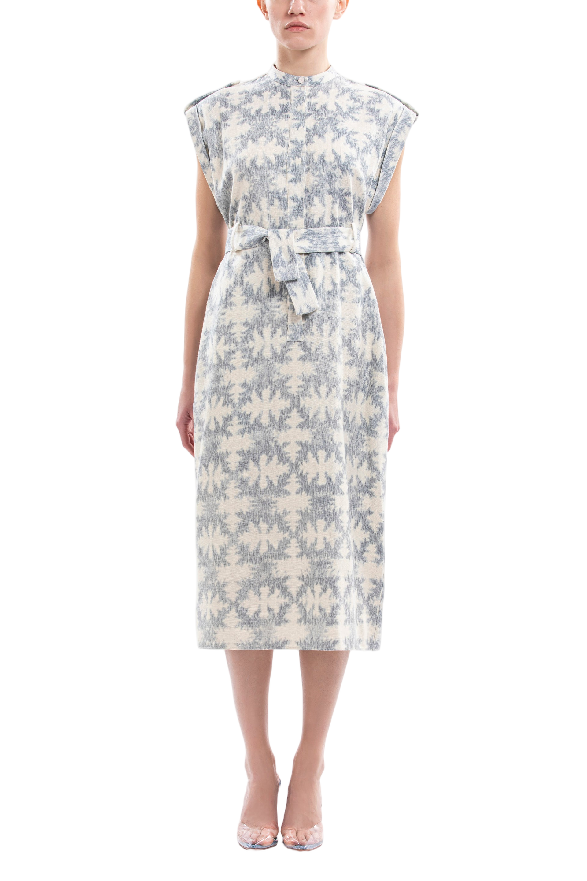 Structured Midi Linen Dress with Detachable Belt and Buttoning Tab