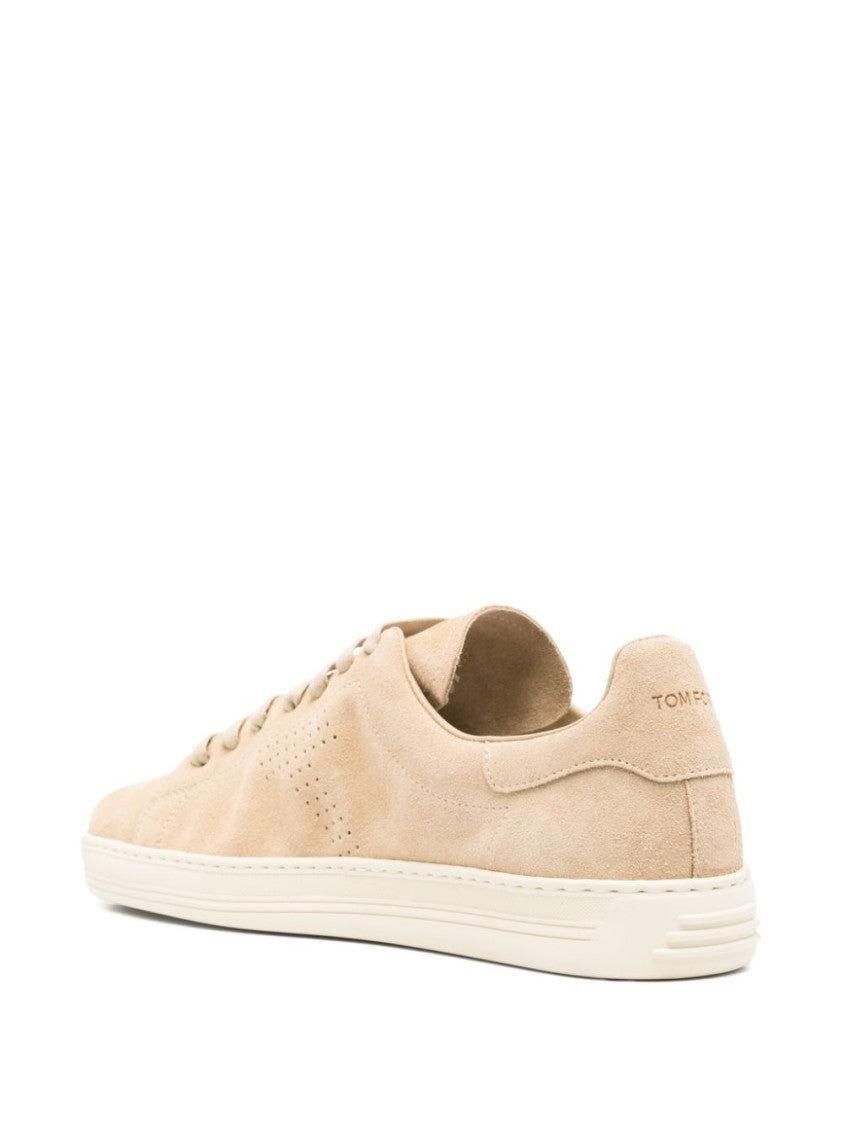 Beige Suede Sneakers With Perforated Logo Detail