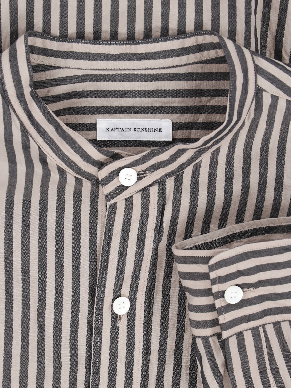 Brown Striped Cotton Band Collar Shirt