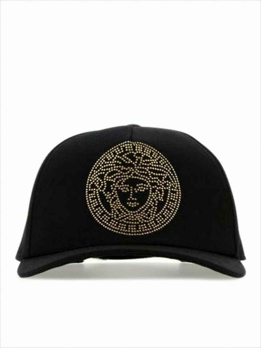 Emblem-Studded Black Cotton Baseball Cap