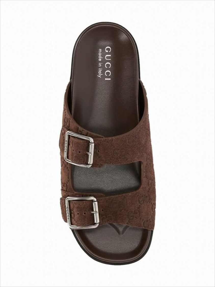 Brown Suede Sandals with Embossed Pattern