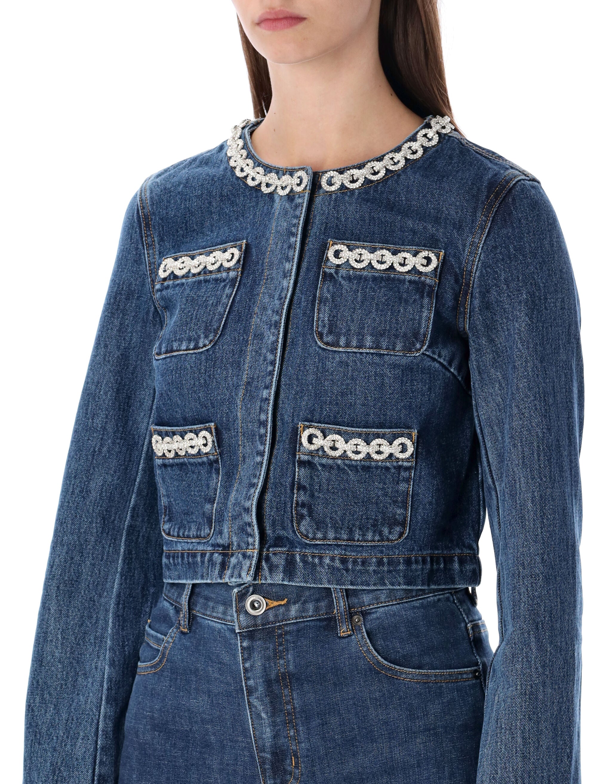 Cropped Denim Jacket With Crystal Chain Trims