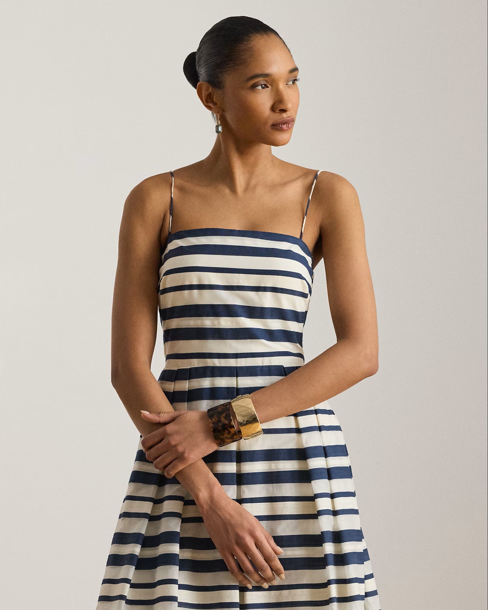 Navy Blue Woven Satin Stripe Dress