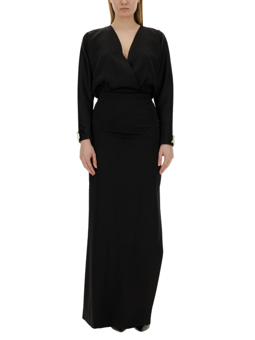 Black Long Dress With Deep V-Neckline And High Slit