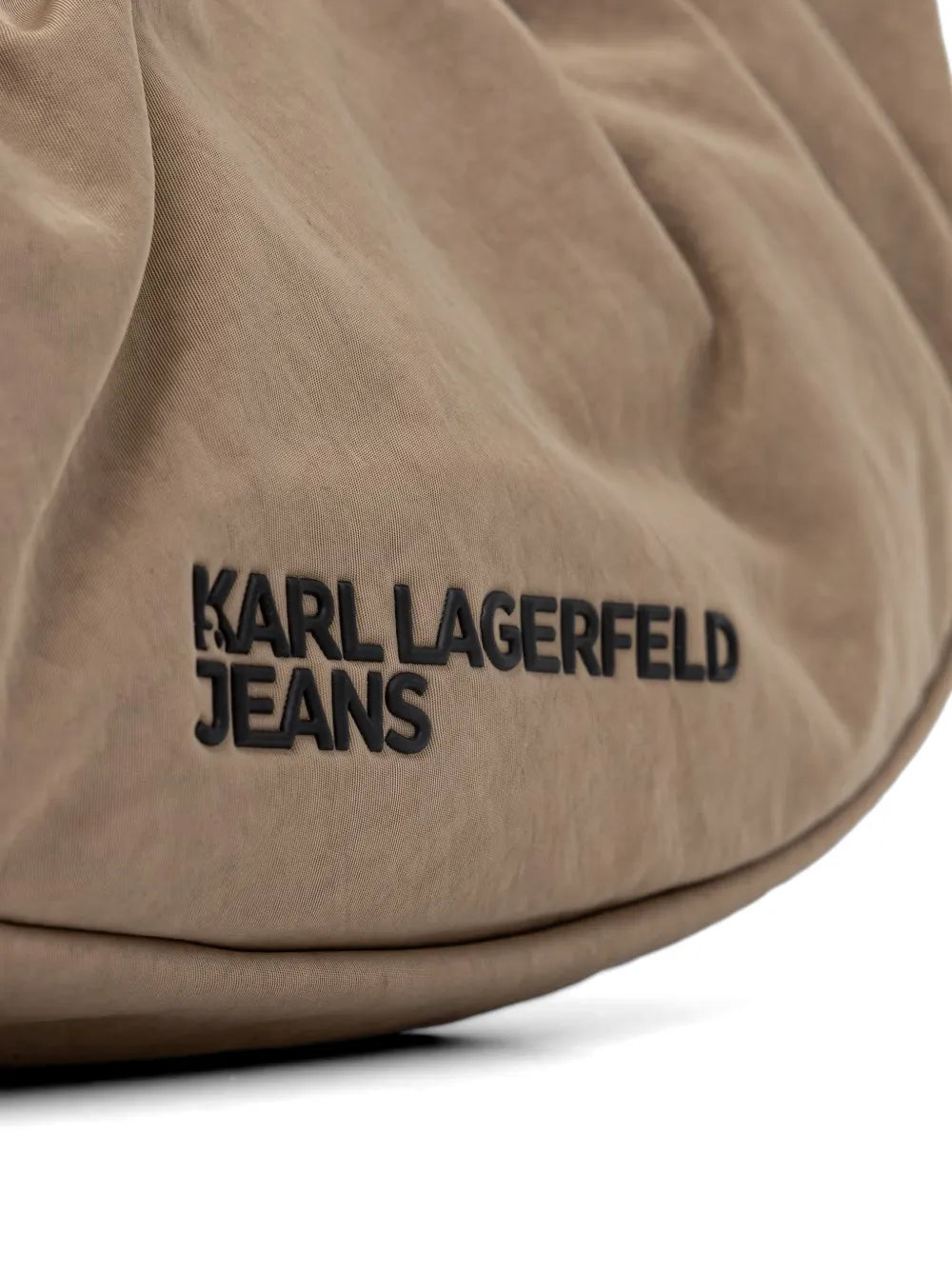 Crescent-Shaped Handbag with Padded Texture and Embossed Logo
