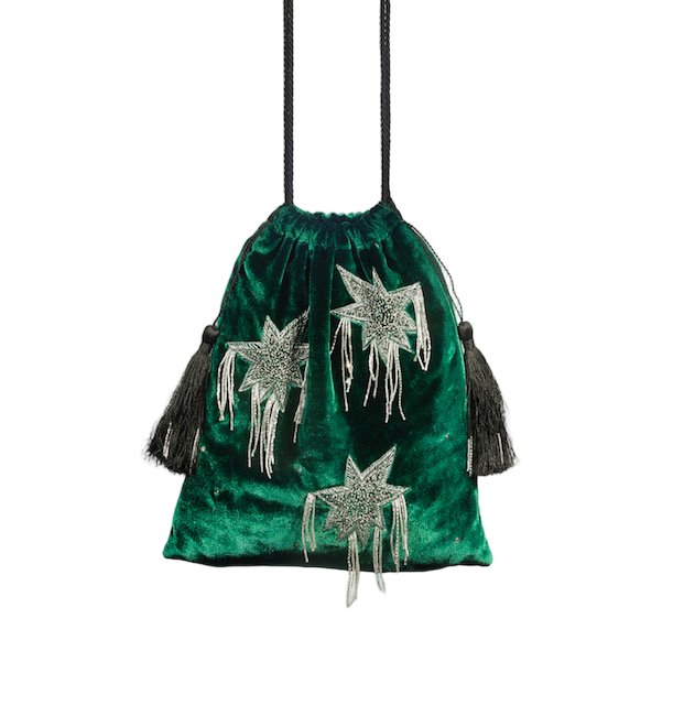 Small Green Velvet Drawstring Bag With Silver Embroidery