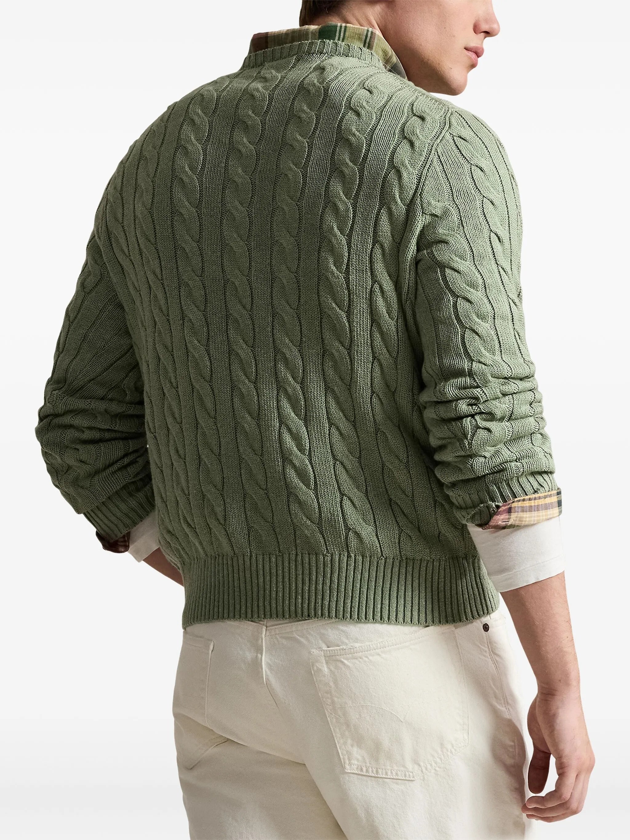 Green Pullover Cable Knit Cotton Sweater