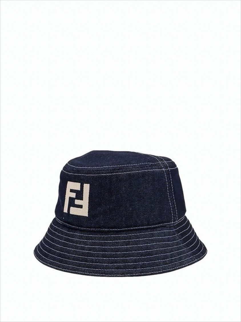 Navy Cotton Bucket Hat with Geometric Logo Embroidery