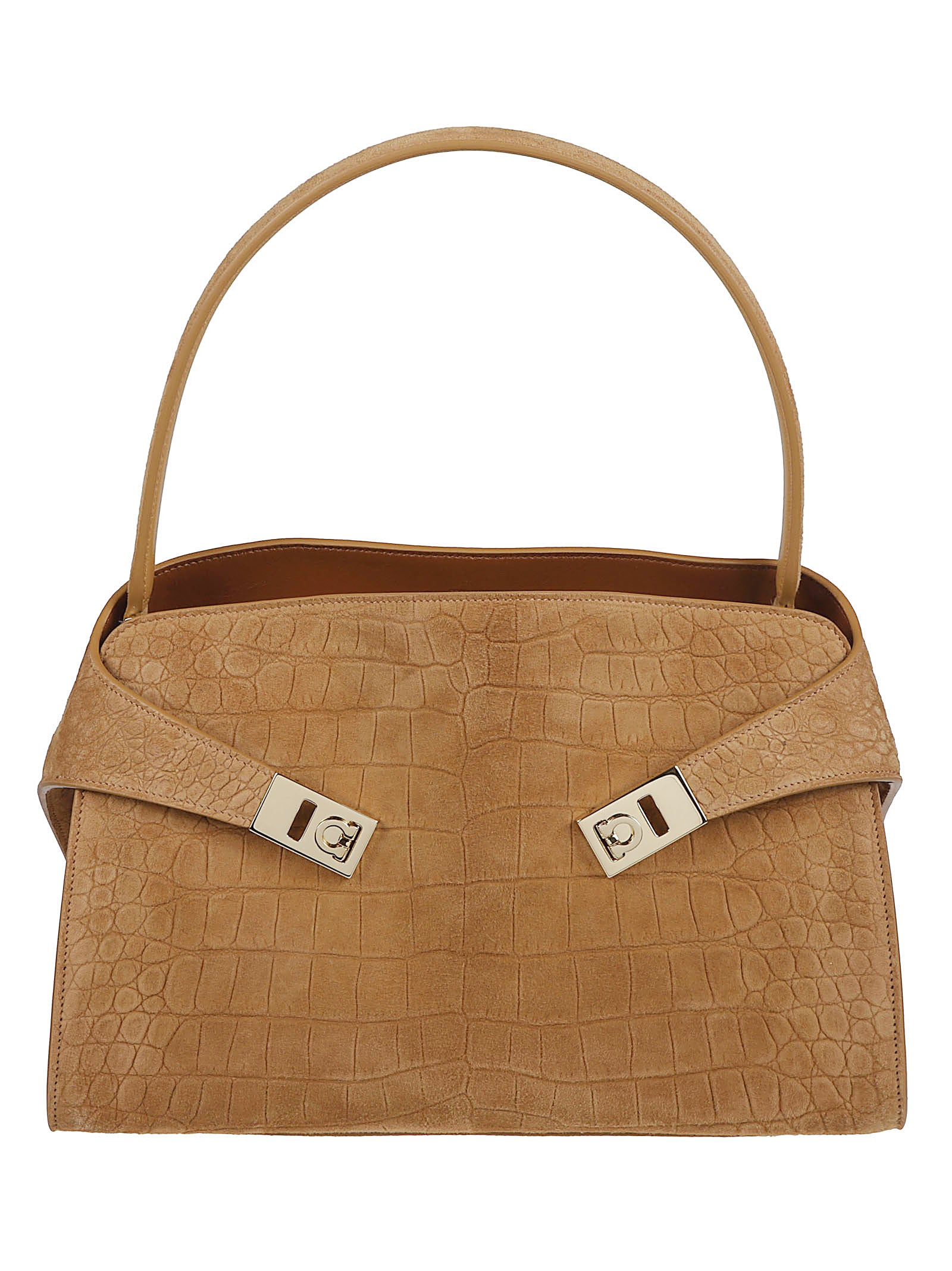 Crocodile-Print Suede Handbag with Gold-Tone Accents
