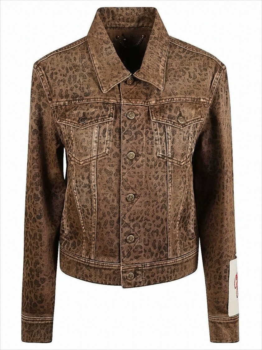 Cropped Denim Jacket with Subtle Leopard Print and Metallic Accents