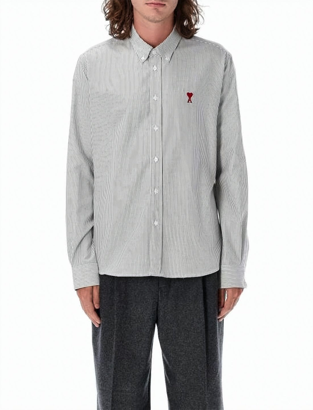 Vertical Striped Button-Down Shirt with Embroidered Heart Accents