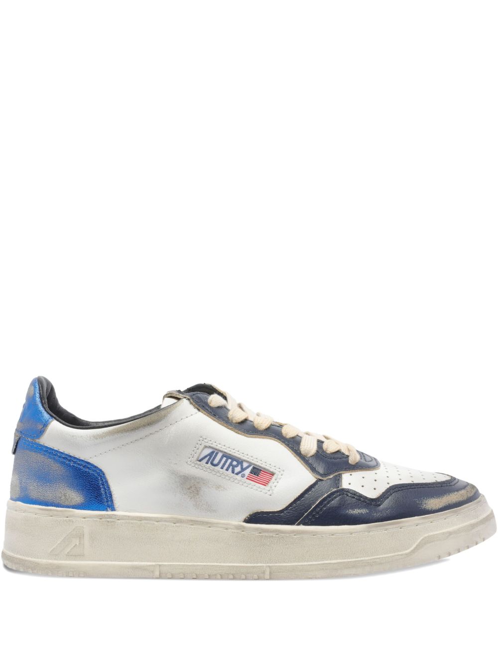 Distressed White Leather Sneakers With Navy Accents