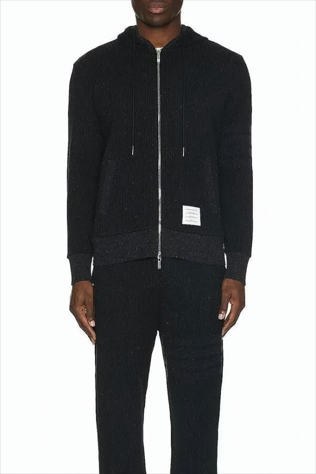 Ribbed Black Zip-Up Hoodie with Multicolored Speckles