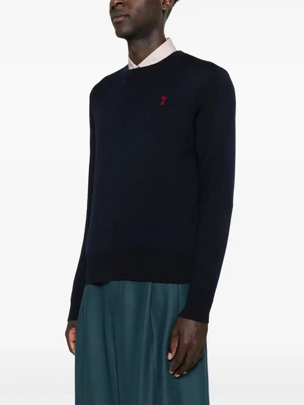 Navy Blue Crew Neck Sweater With Heart Embroidery