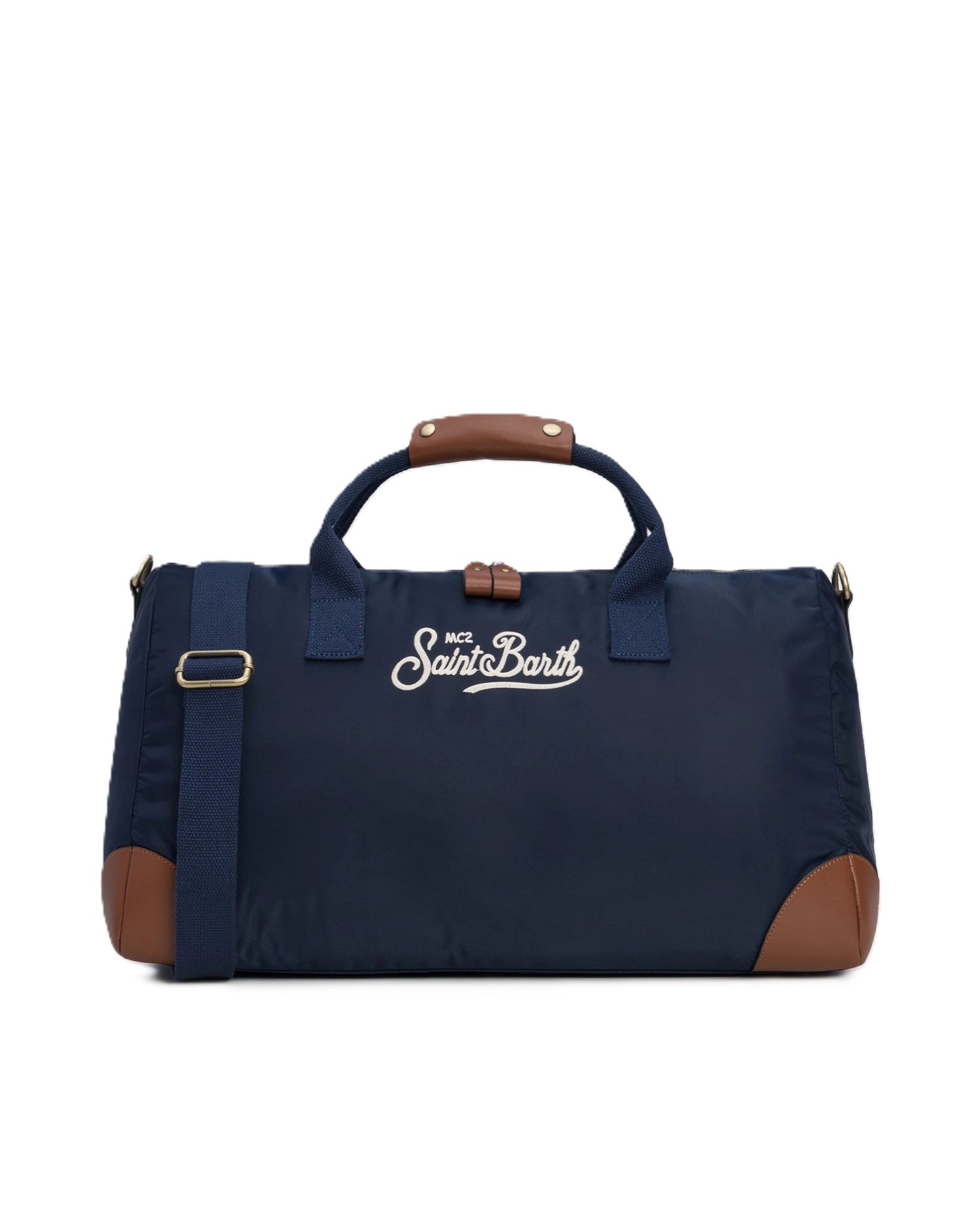 Navy Blue Duffle Bag with Brown Leather Accents