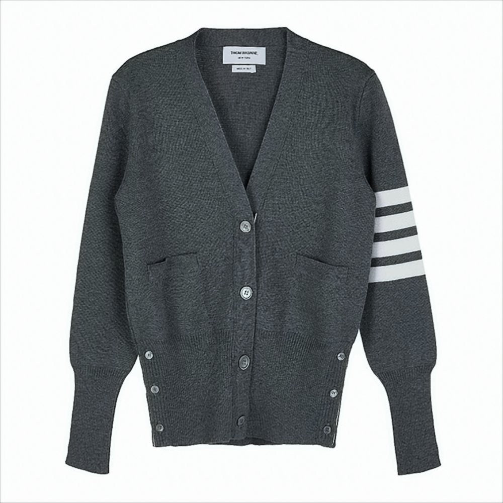 Deep V-Neck Merino Wool Cardigan with Signature Stripes