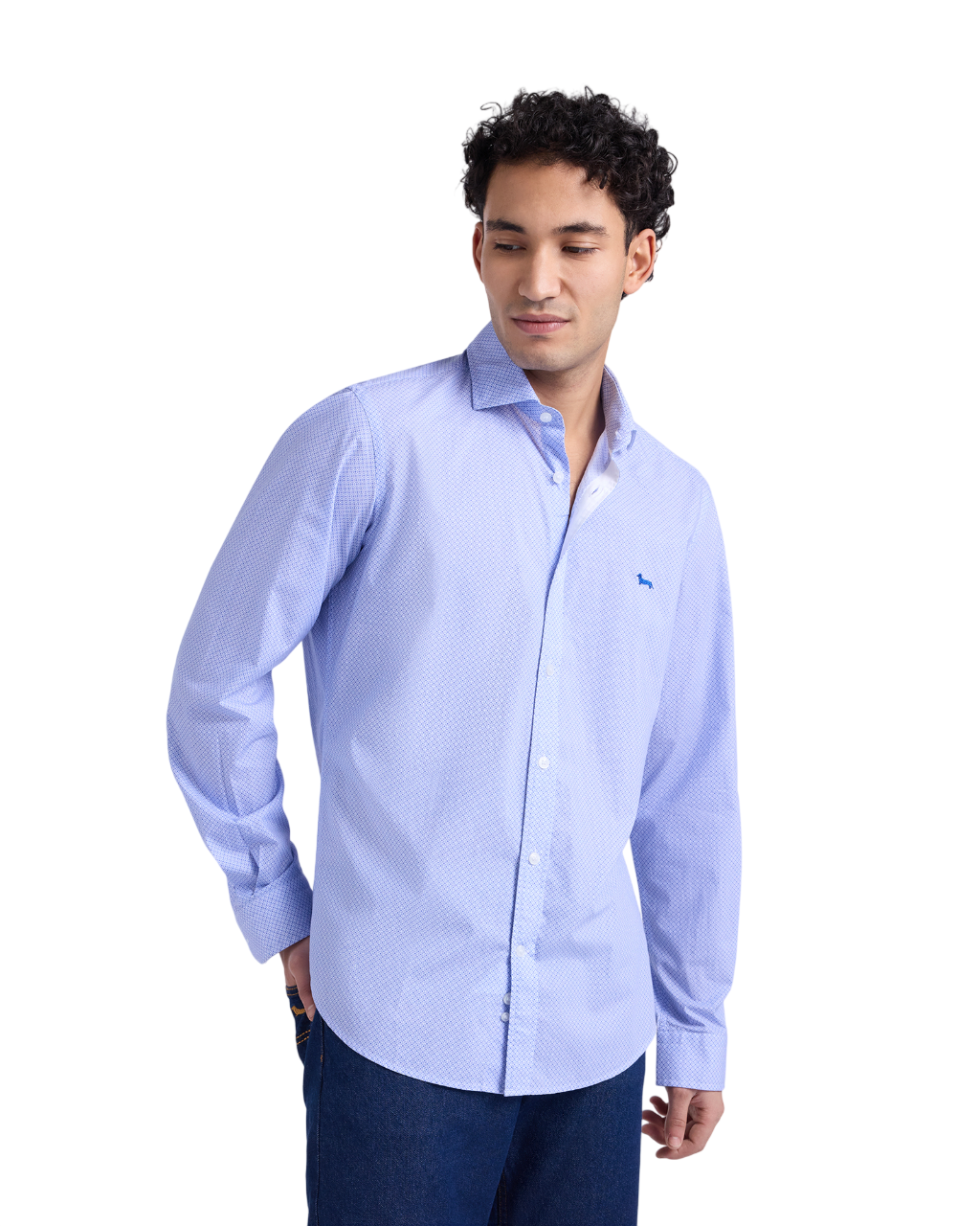 Clear Blue Micro-Print Shirt with Buttonless Collar