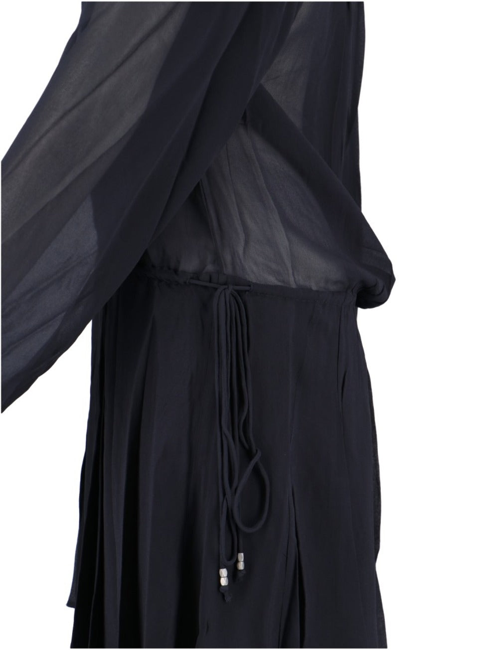 Black Semi-Transparent Midi Dress With Drawstring Waist