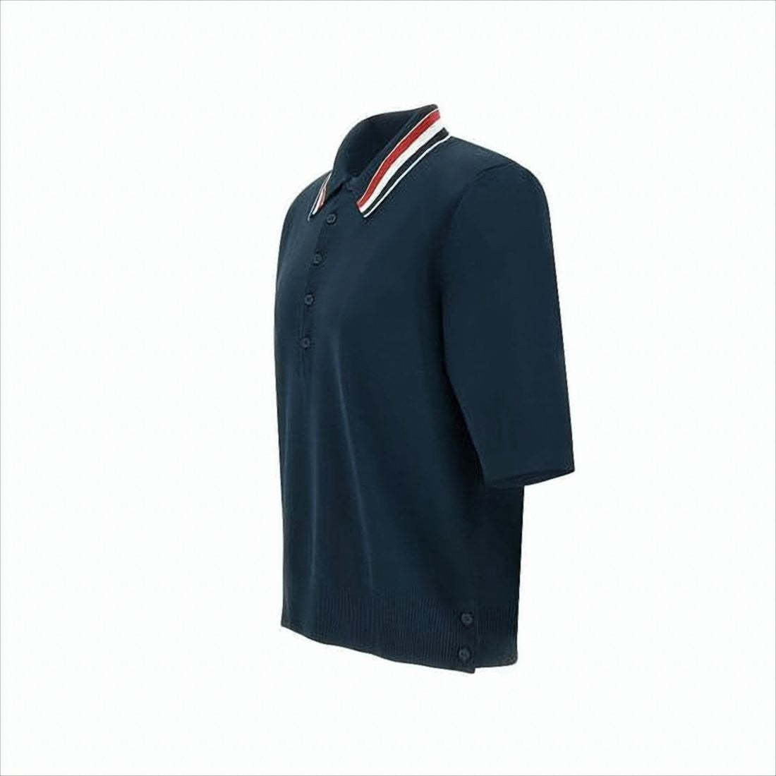 Navy Polo Shirt with Striped Collar and Side Button Details