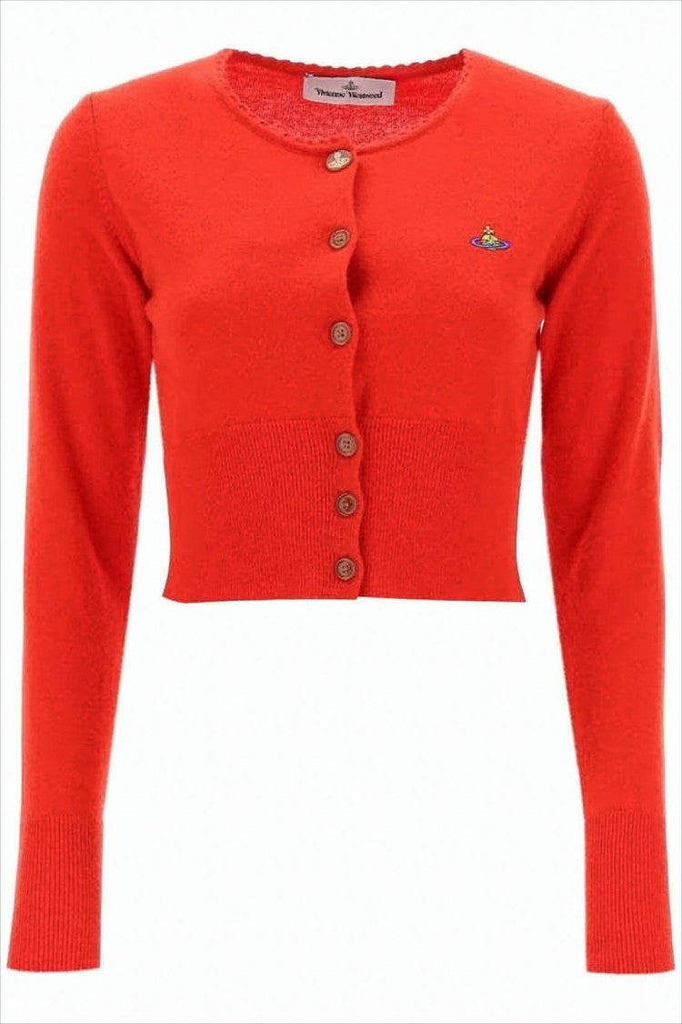 Cropped Knit Cardigan with Wooden Buttons and Emblem
