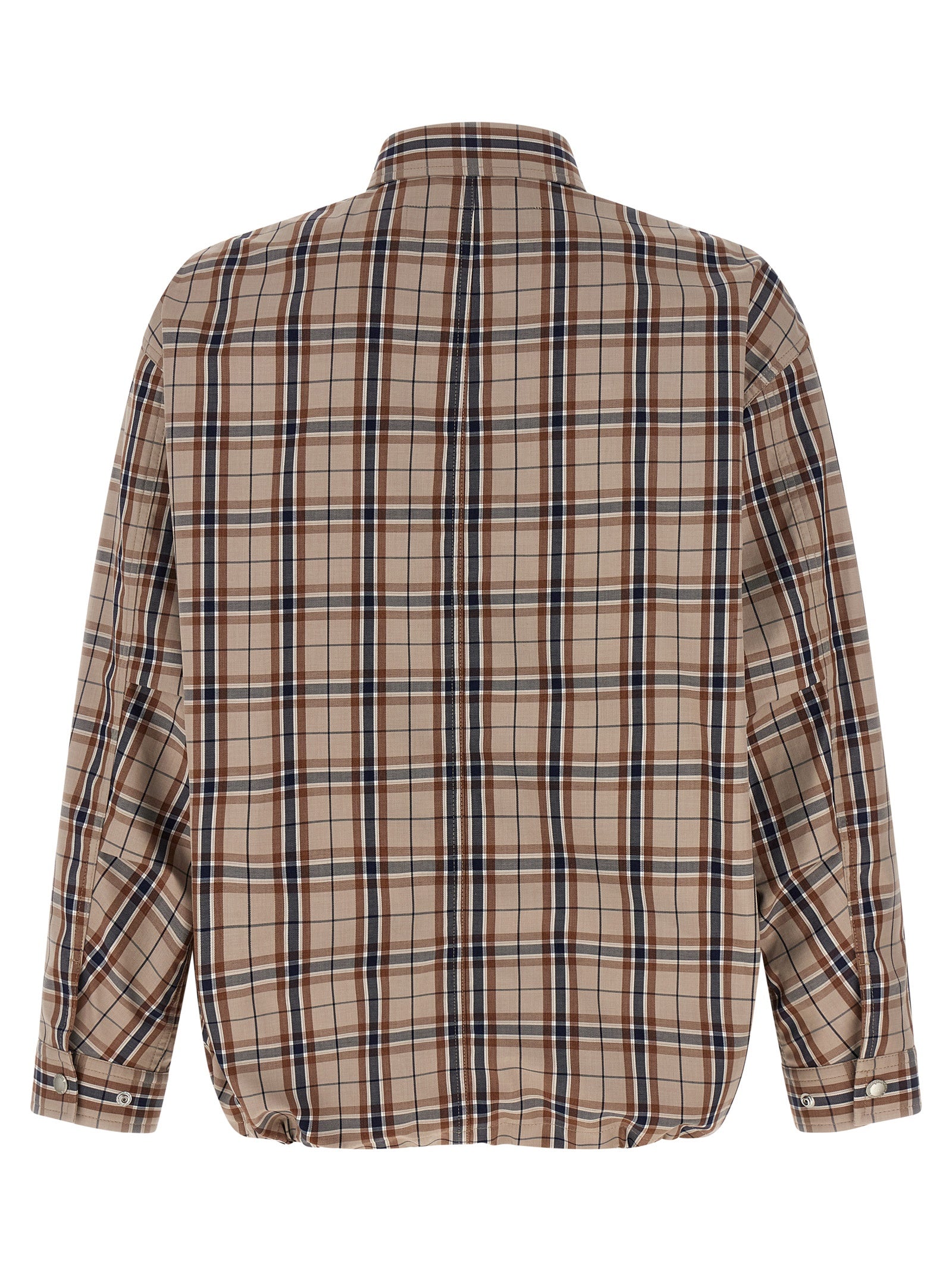 Beige Check-Print Cotton Blend Overshirt with Adjustable Cuffs