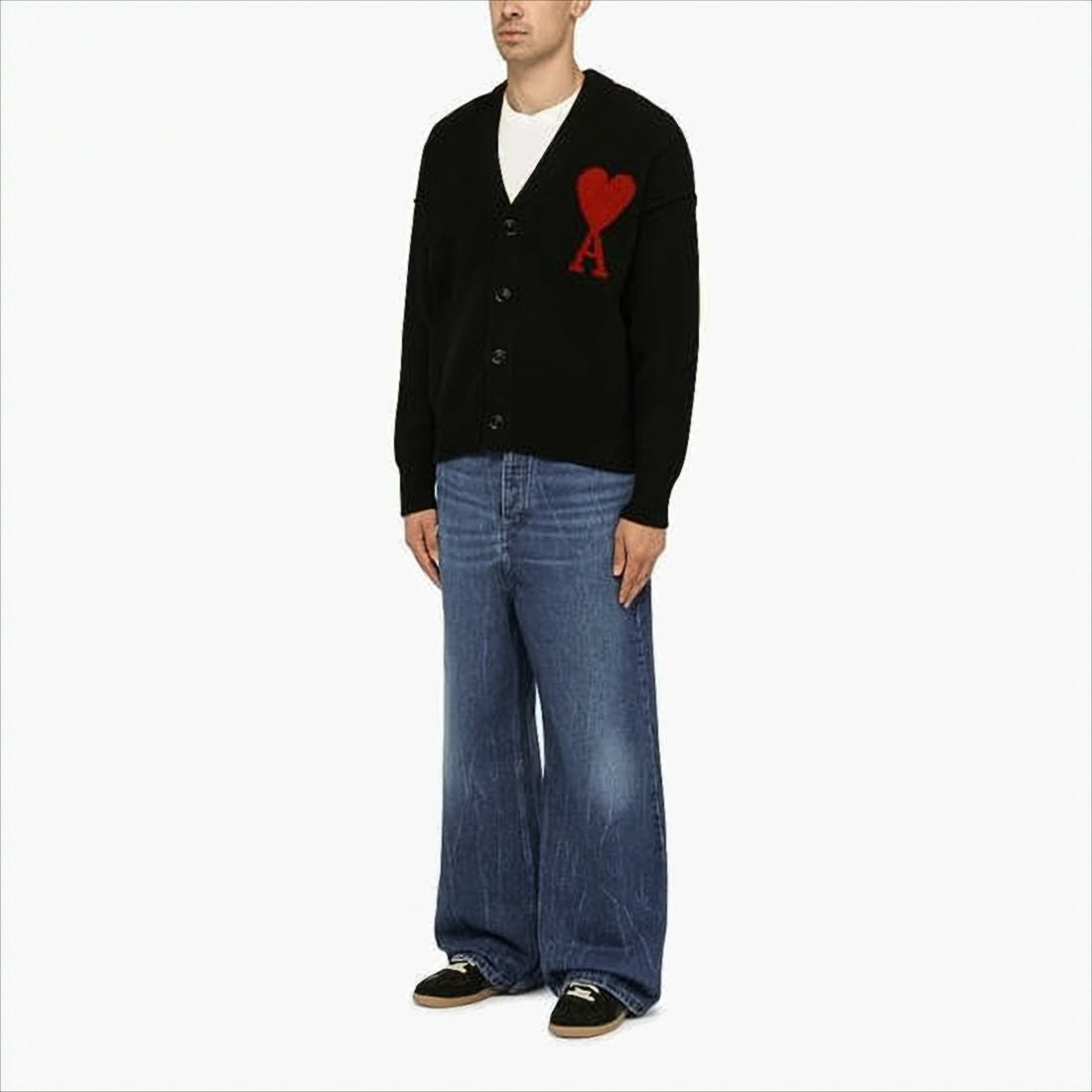 Wool Cardigan with Deep V-Neckline and Heart Motif