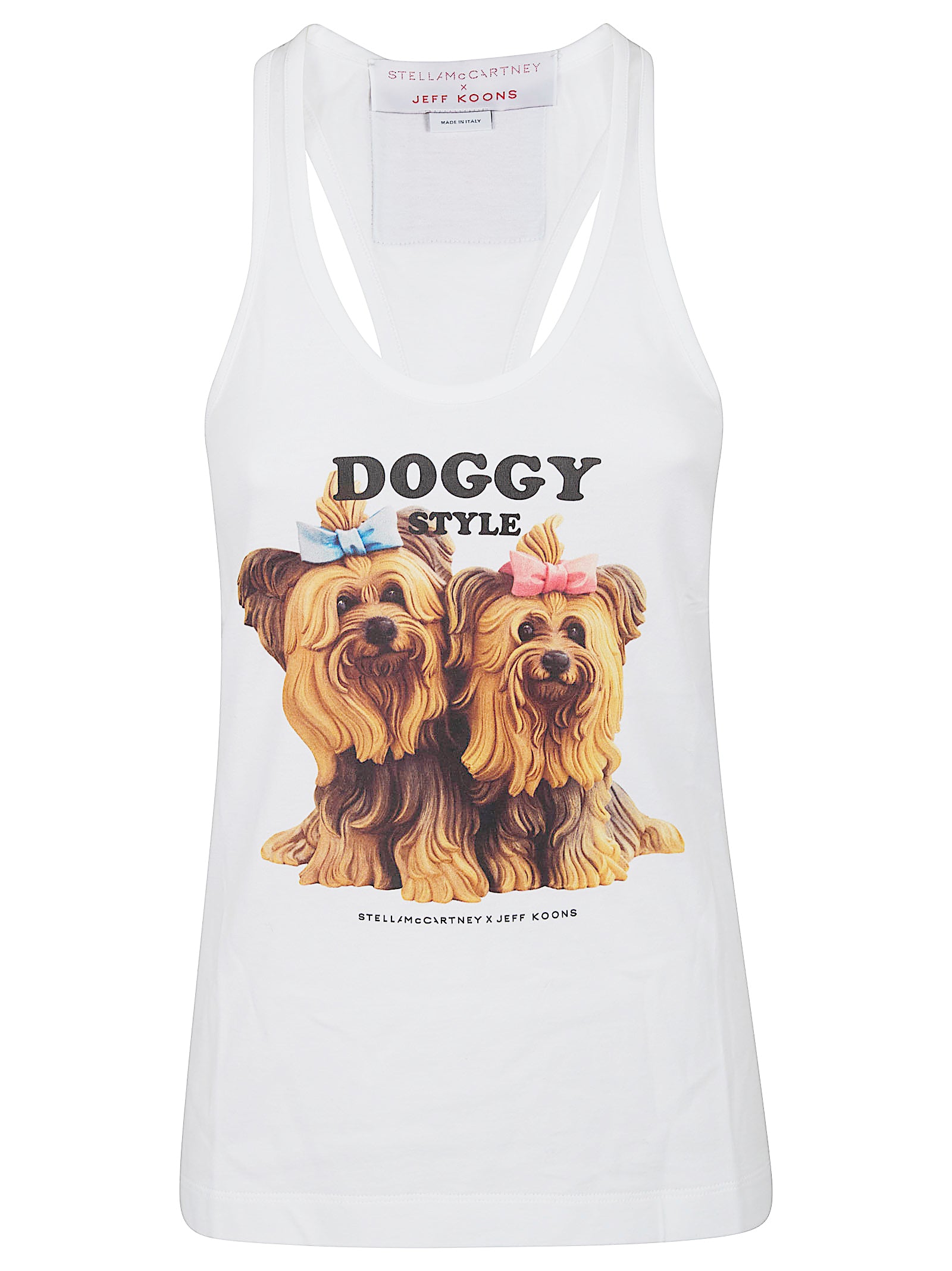 White Sleeveless Racerback Tank Top with Playful Dog Graphic