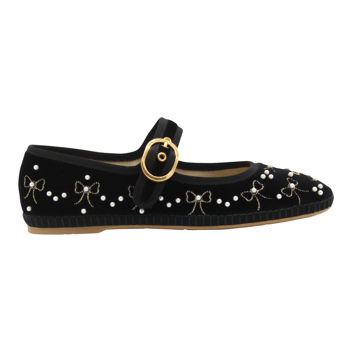 Embellished Black Velvet Flats with Pearl Details