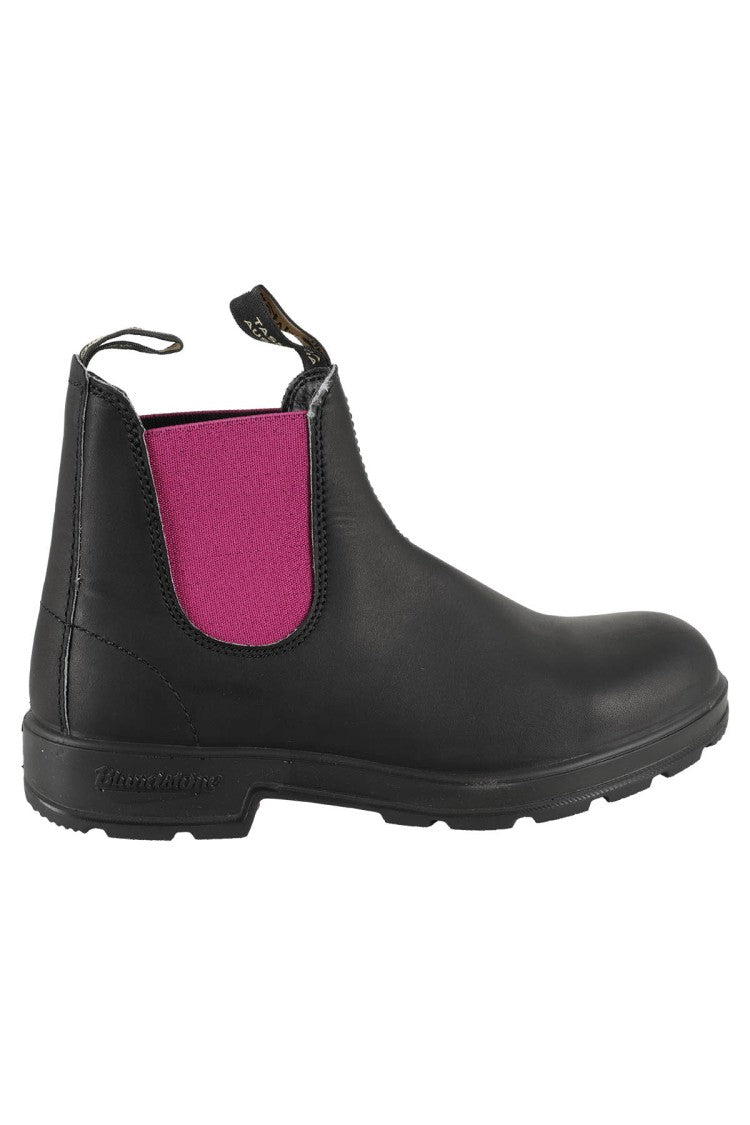 Black Leather Boot With Fuchsia Elastic Panels