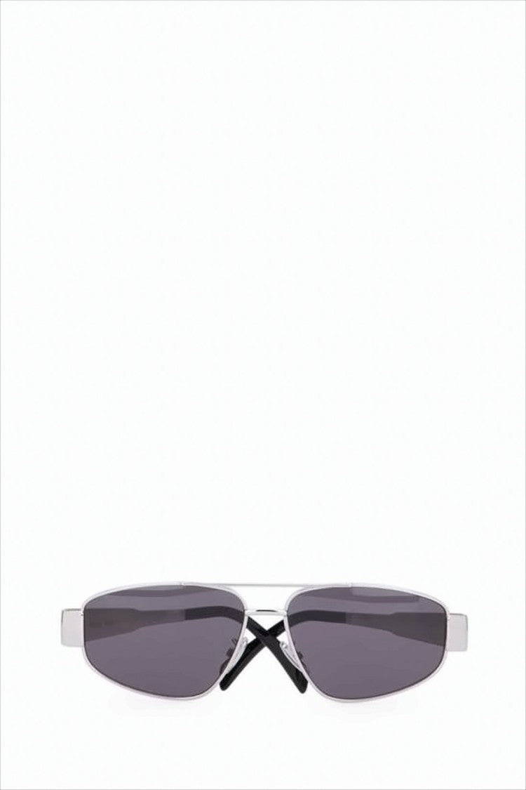 Narrow Rectangular Metal Sunglasses with Polished Silver Finish