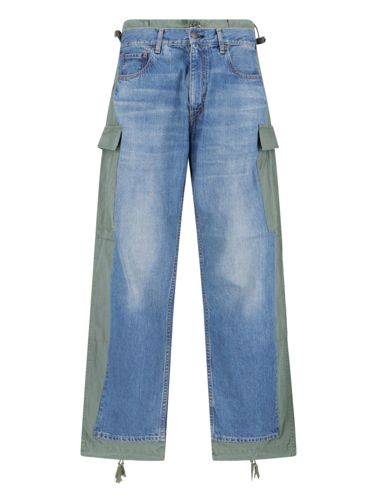 Blue Patchwork Cargo Drawstring Denim Jeans