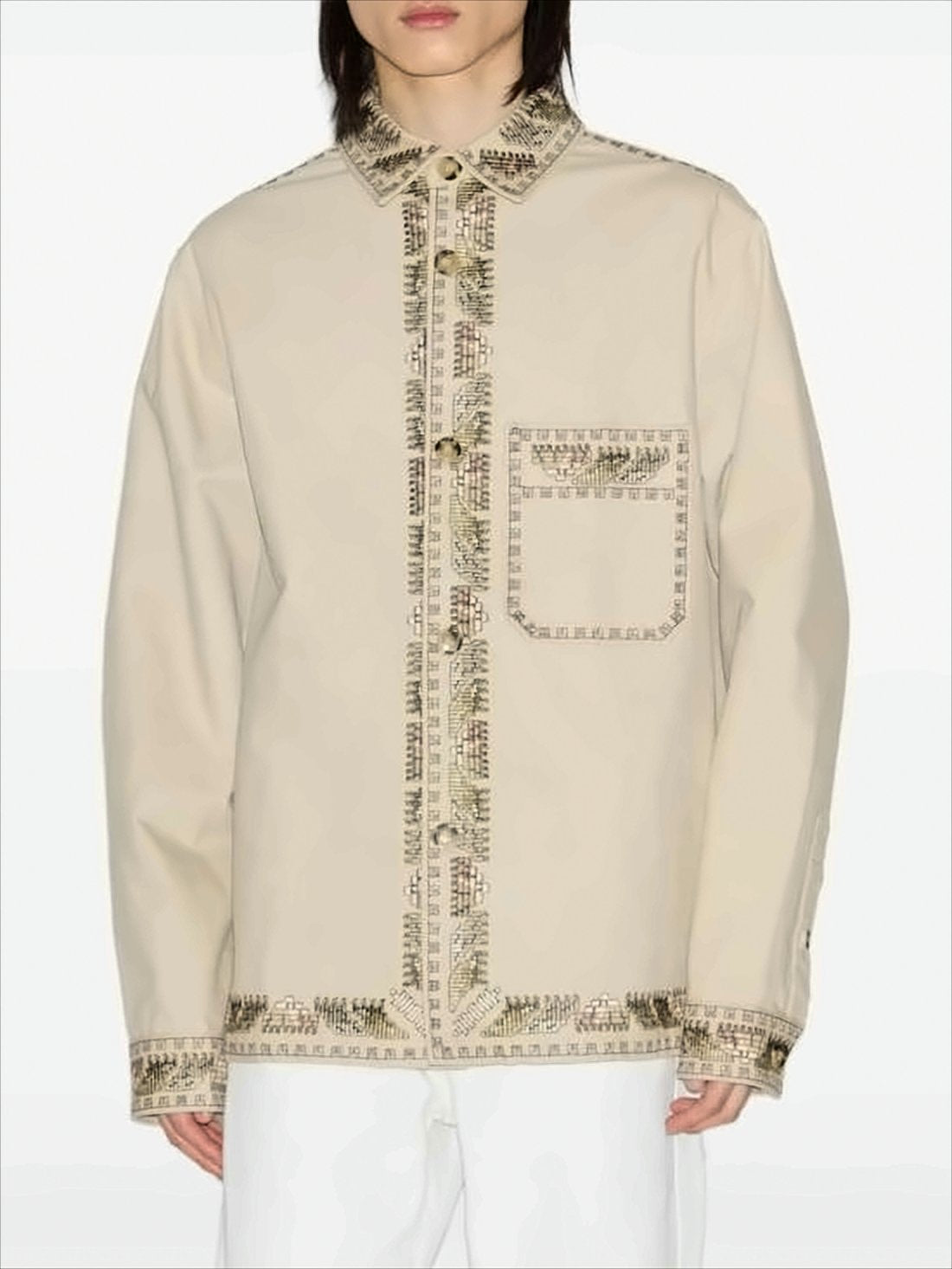 Boxy Button-Down Jacket with Intricate Embroidery