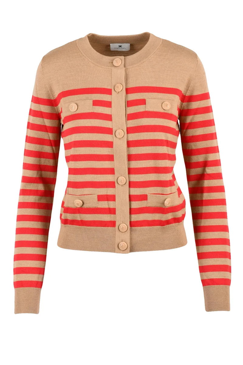 Short Crew Neck Cardigan - Beige/Red