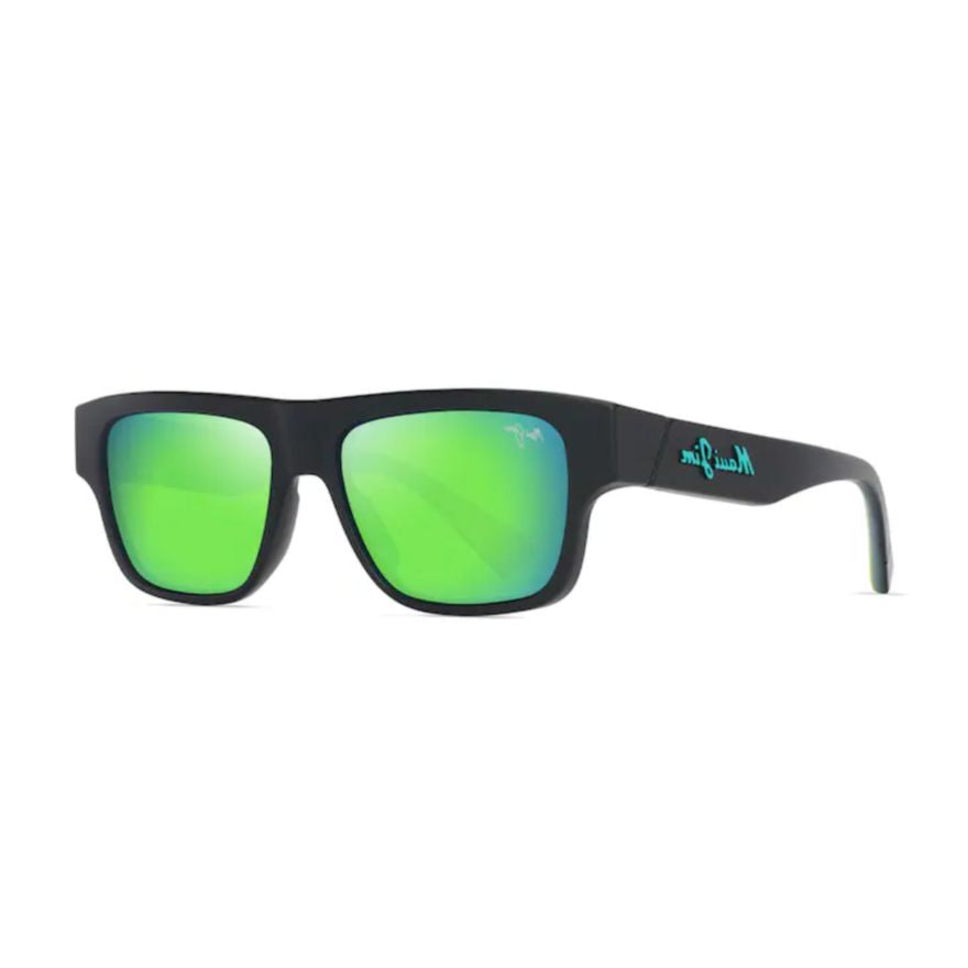 Kokua Bold Rectangular Matte Black Sunglasses with Green Reflective Lenses