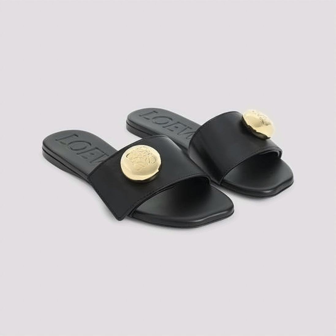 Minimalist Black Slide Sandals with Gold-tone Medallion