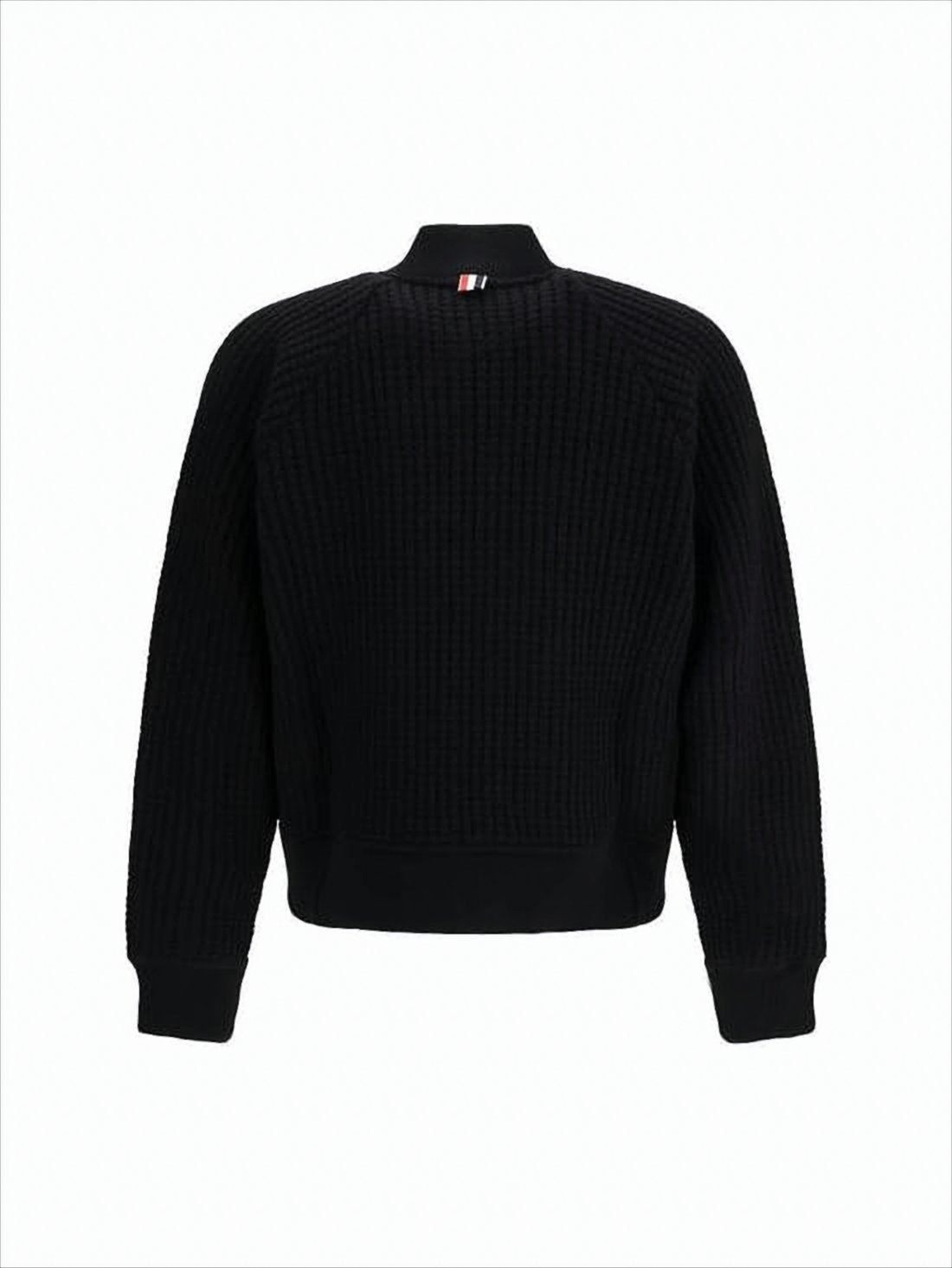 Textured Knit Black Wool Zip-Up Jacket