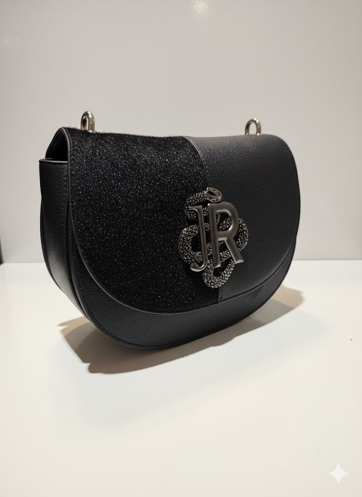 Half-and-Half Design Shoulder Bag with Metallic Emblem