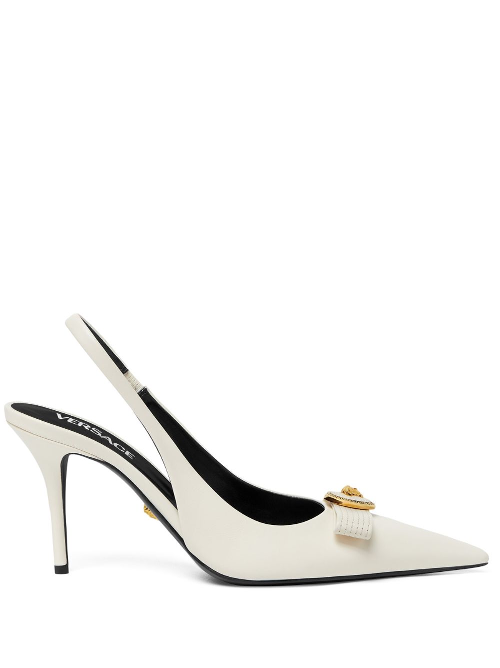 Pointed Toe Slingback Heels with Textured Bow and Gold Medallion