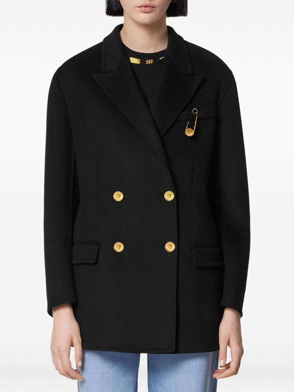 Double-Breasted Black Coat with Gold-Tone Accents