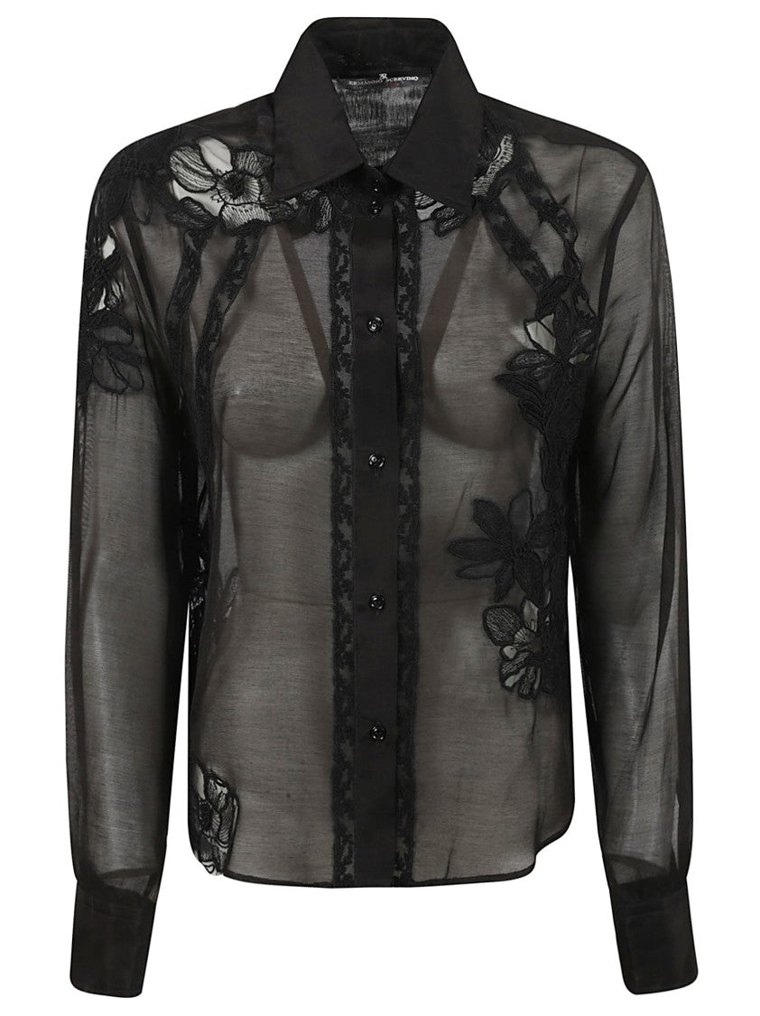 Sheer Black Shirt With Floral Embroidery