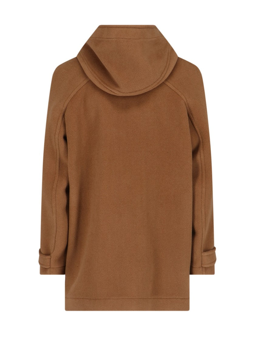 Brown Wool Duffle Coat With Hood And Braided Leather Fastenings