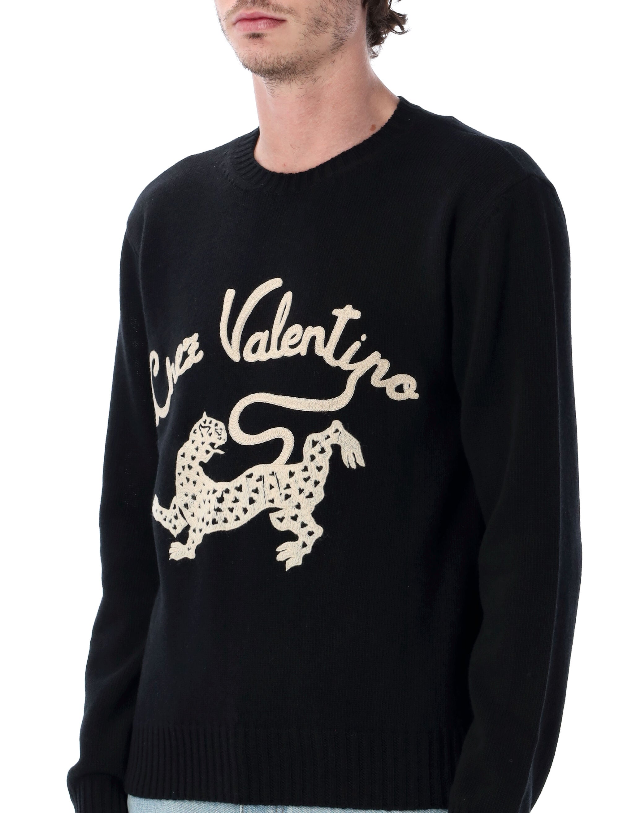 Embroidered Black Wool Jumper with Crew Neck