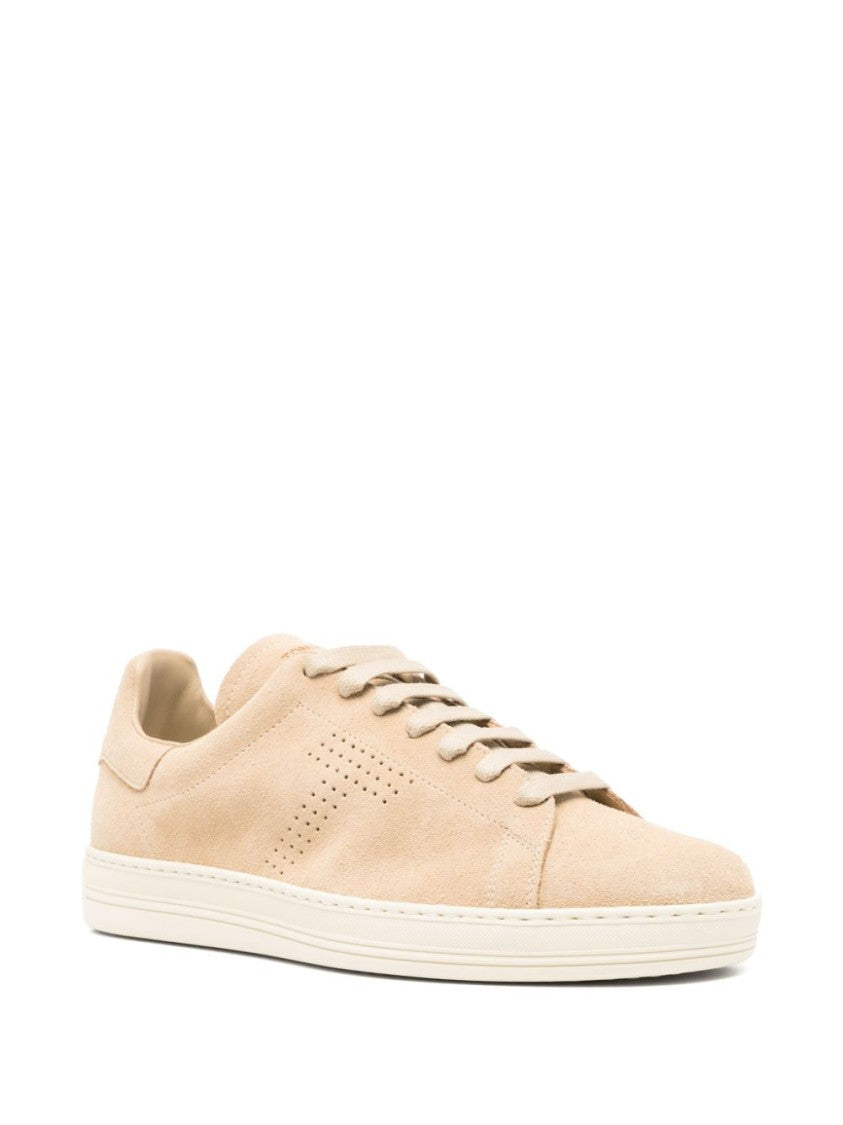 Beige Suede Sneakers With Perforated Logo Detail