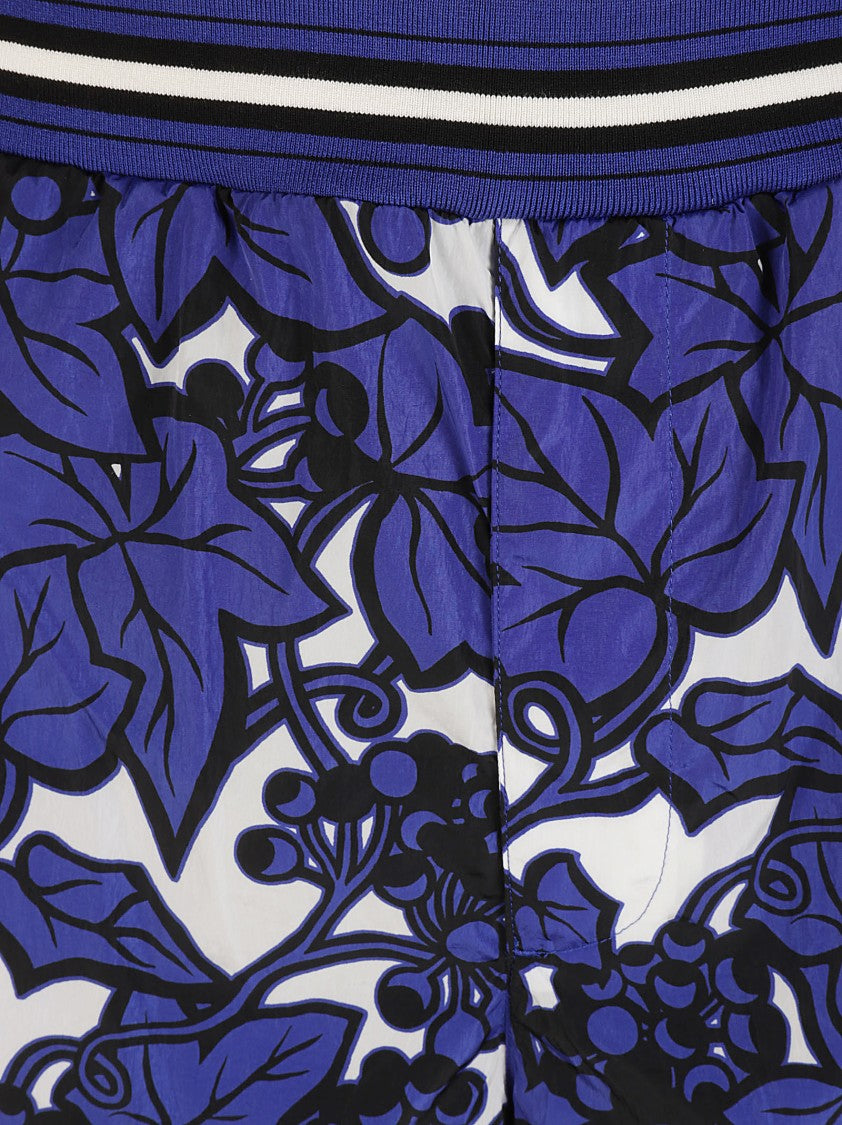 Floral Patterned Blue Shorts With Striped Waistband