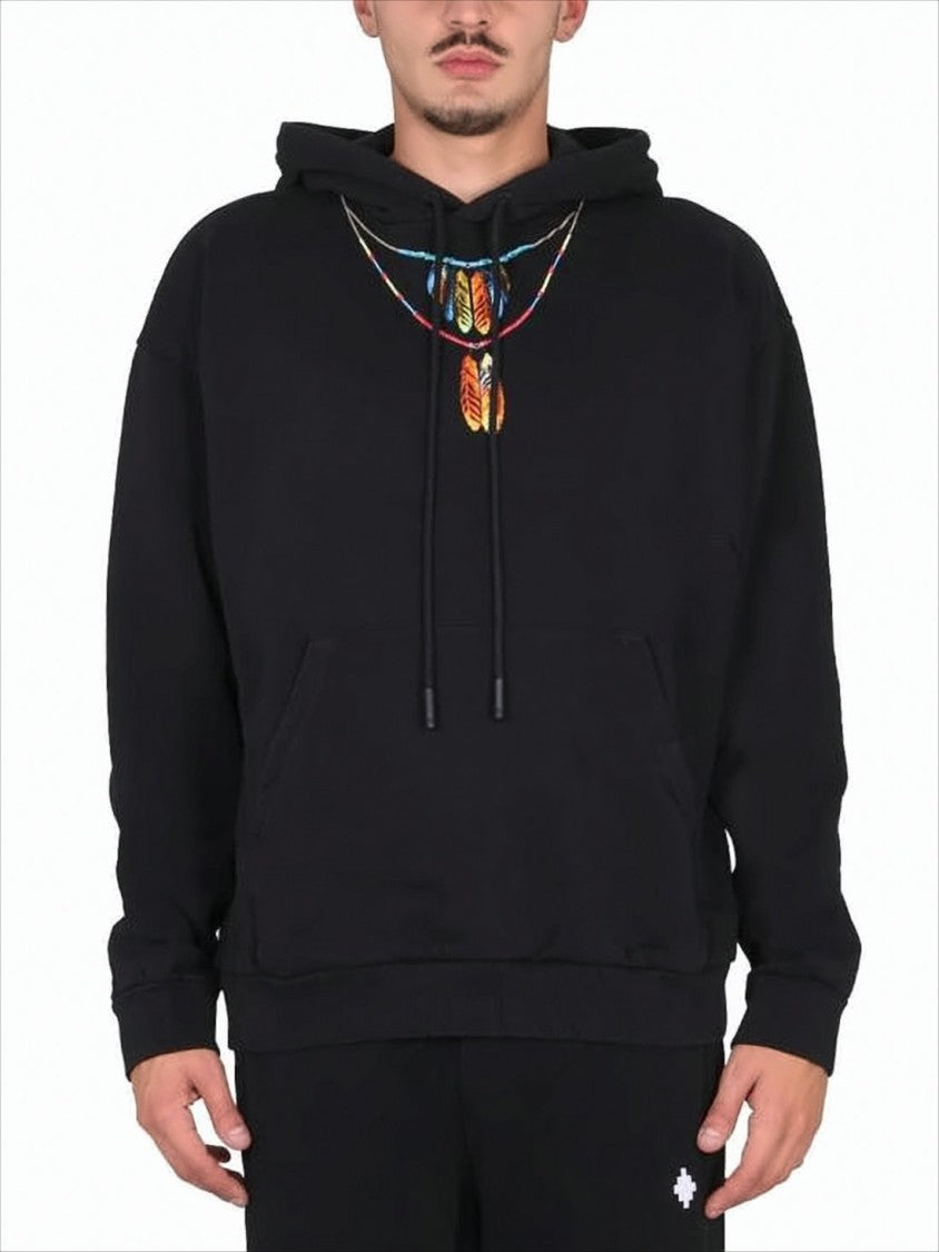 Relaxed Fit Black Hoodie with Feather Embroidery