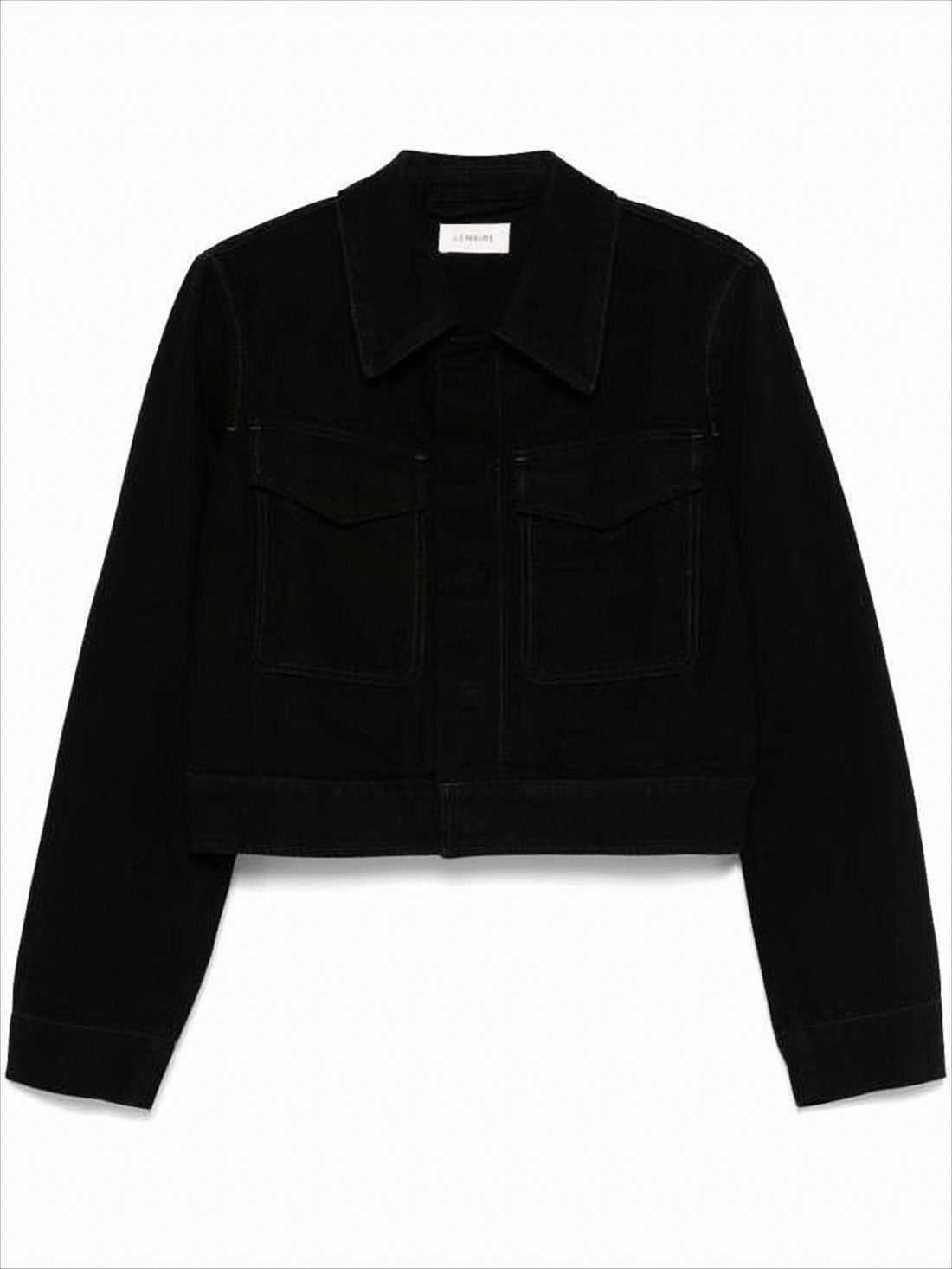 Cropped Black Denim Jacket With Boxy Silhouette And Classic Collar