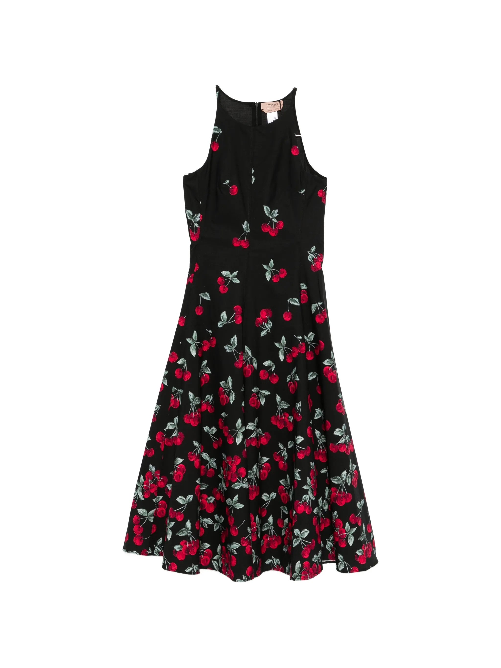 Black Fitted Midi Cherry Print Dress