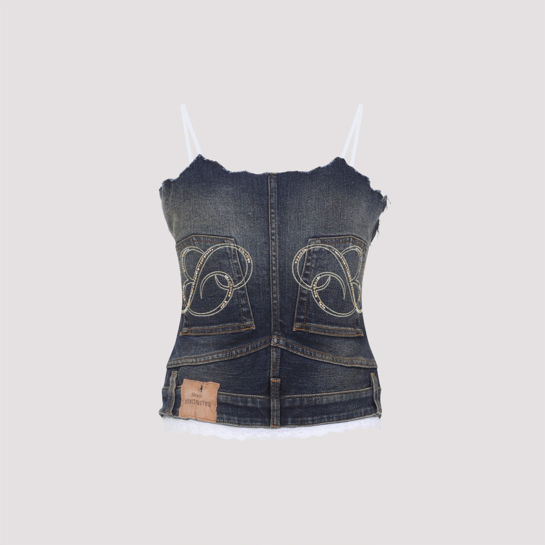 Fitted Denim-Inspired Top With Lace Trim And Spaghetti Straps