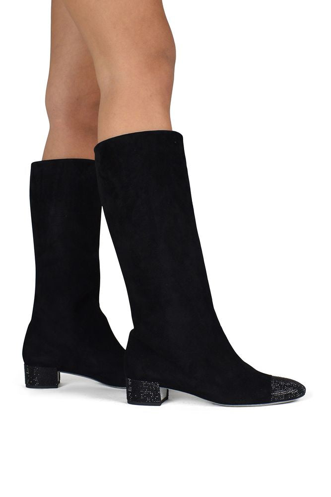 Mid-Calf Black Suede Boots With Glitter-Embellished Details