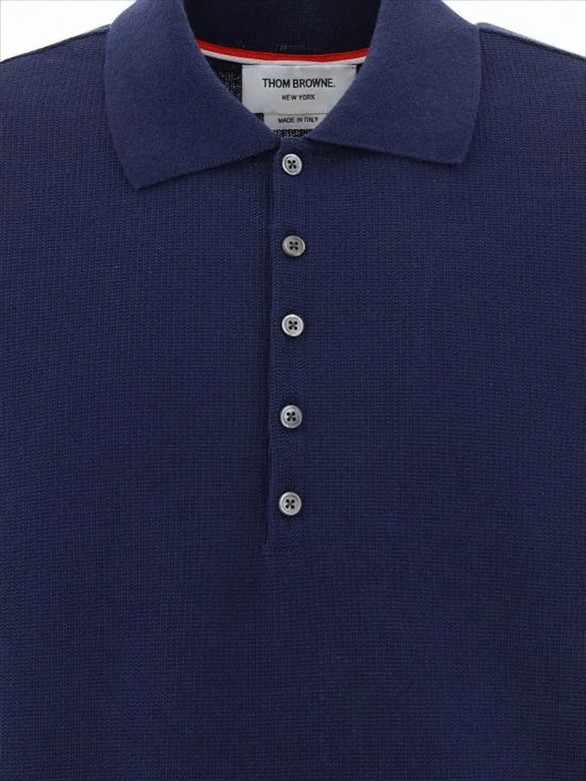 Textured Blue Knit Polo Shirt With Contrast Stripes
